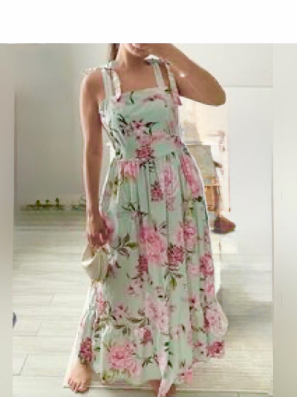 Joie Mint Floral Tie-Shoulder Sundress with Pink Blooms